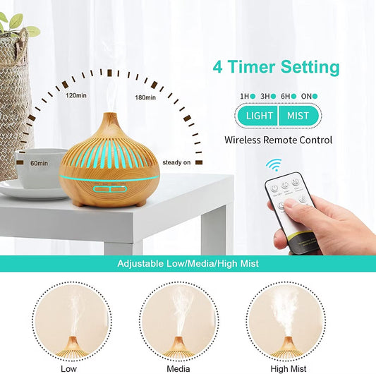 550ml Wood Grain Aromatherapy Essential Oil Diffuser with Remote – Ultrasonic Air Humidifier & Fragrance Scent Machine