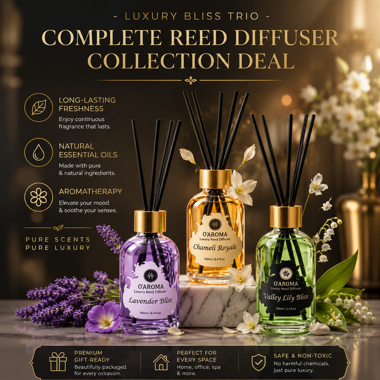 Luxury Reed Diffuser Collection Deal – 3 Premium Scents Gift Box