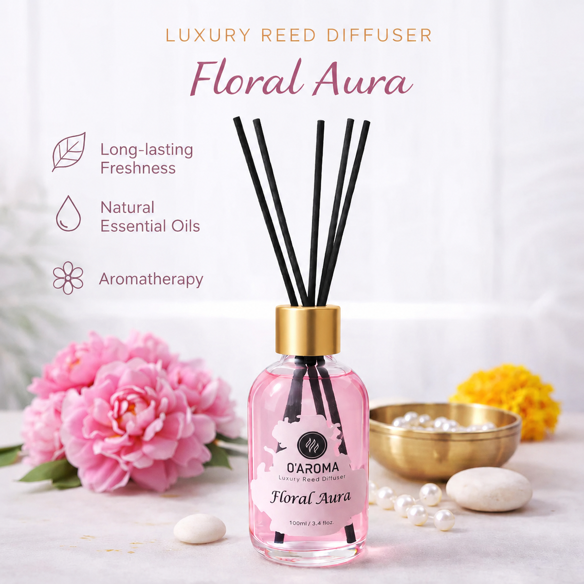 Floral Aura Reed Diffuser – Gardenia Luxury Home Fragrance with Natural Essential Oils (100ml)