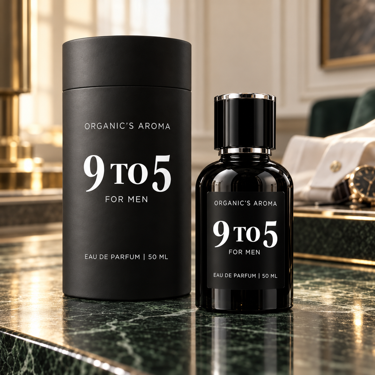 A bottle of Organic's Aroma 9 to 5 For Men Eau De Parfum next to its black cylindrical packaging box, displayed on a polished green marble countertop in a luxury interior setting.