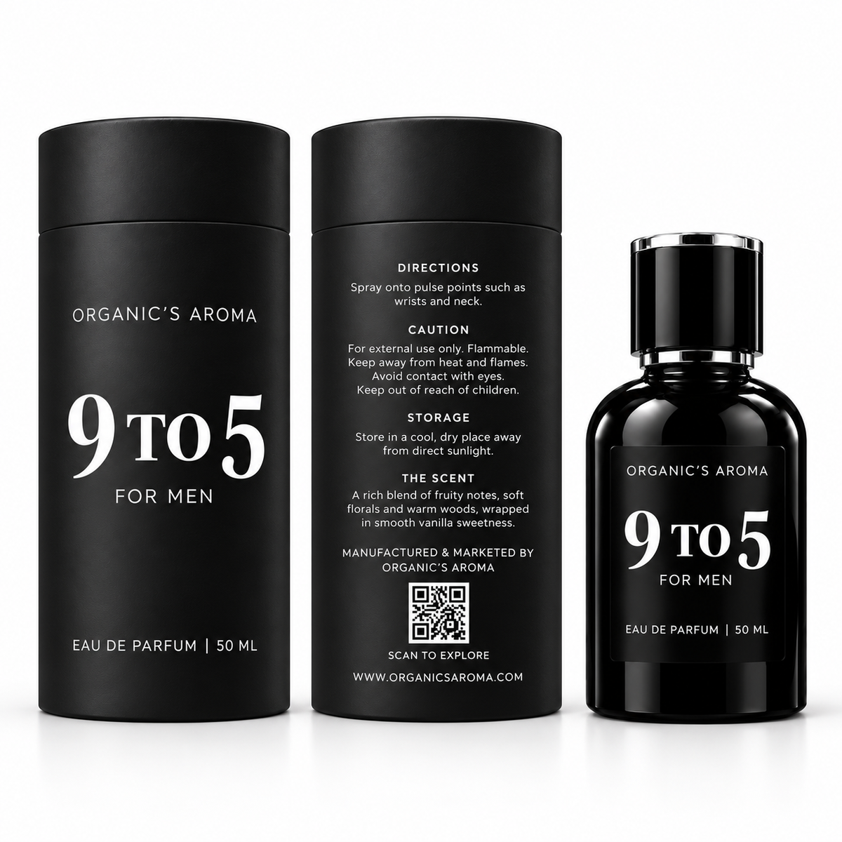 Three black cylindrical and bottle containers for Organic's Aroma '9 to 5' Eau de Parfum for men, showing the front label, back instructions, and the bottle on a white reflective surface.