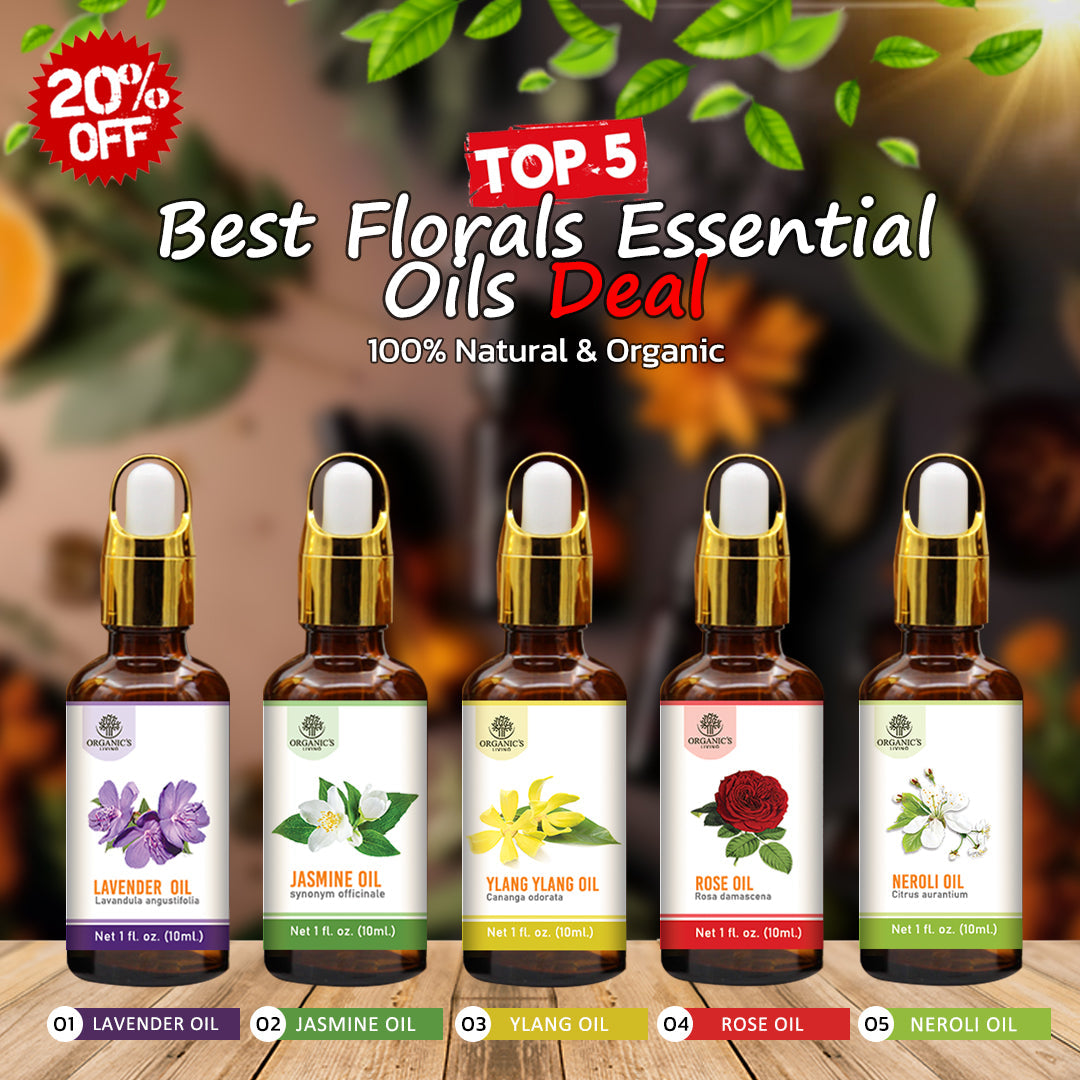 Top 5 Floral Essential Oils Set – Lavender, Jasmine, Ylang Ylang, Rose & Neroli | 100% Pure & Natural