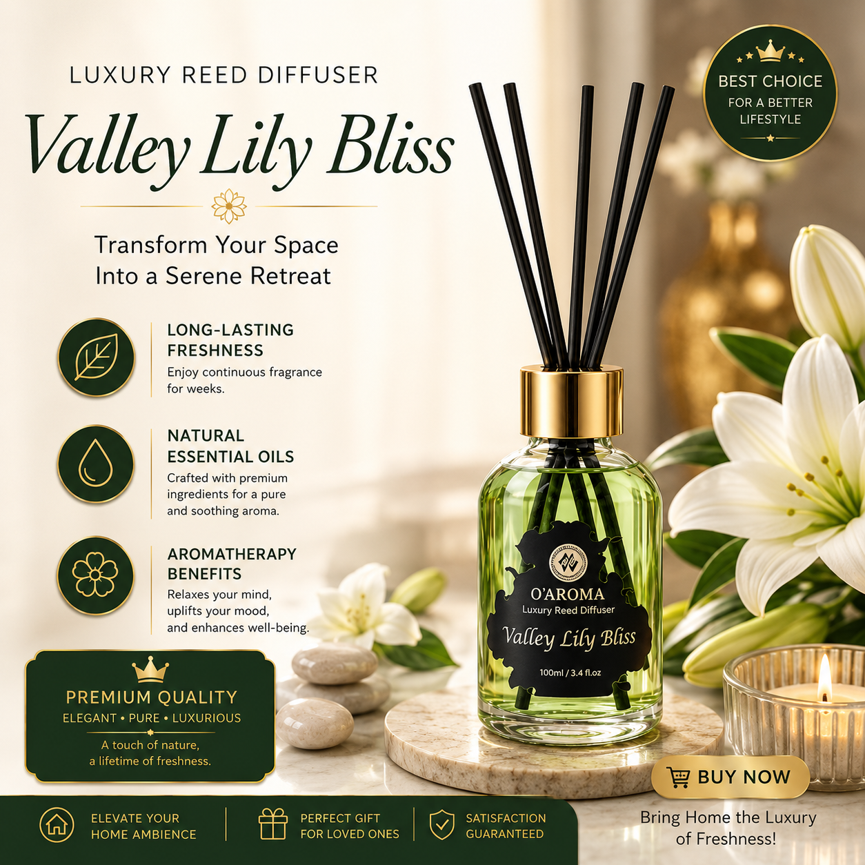 Luxury Reed Diffuser Collection – Lavender, Jasmine, Lily & Gardenia Home Fragrance with Natural Essential Oils (100ml)